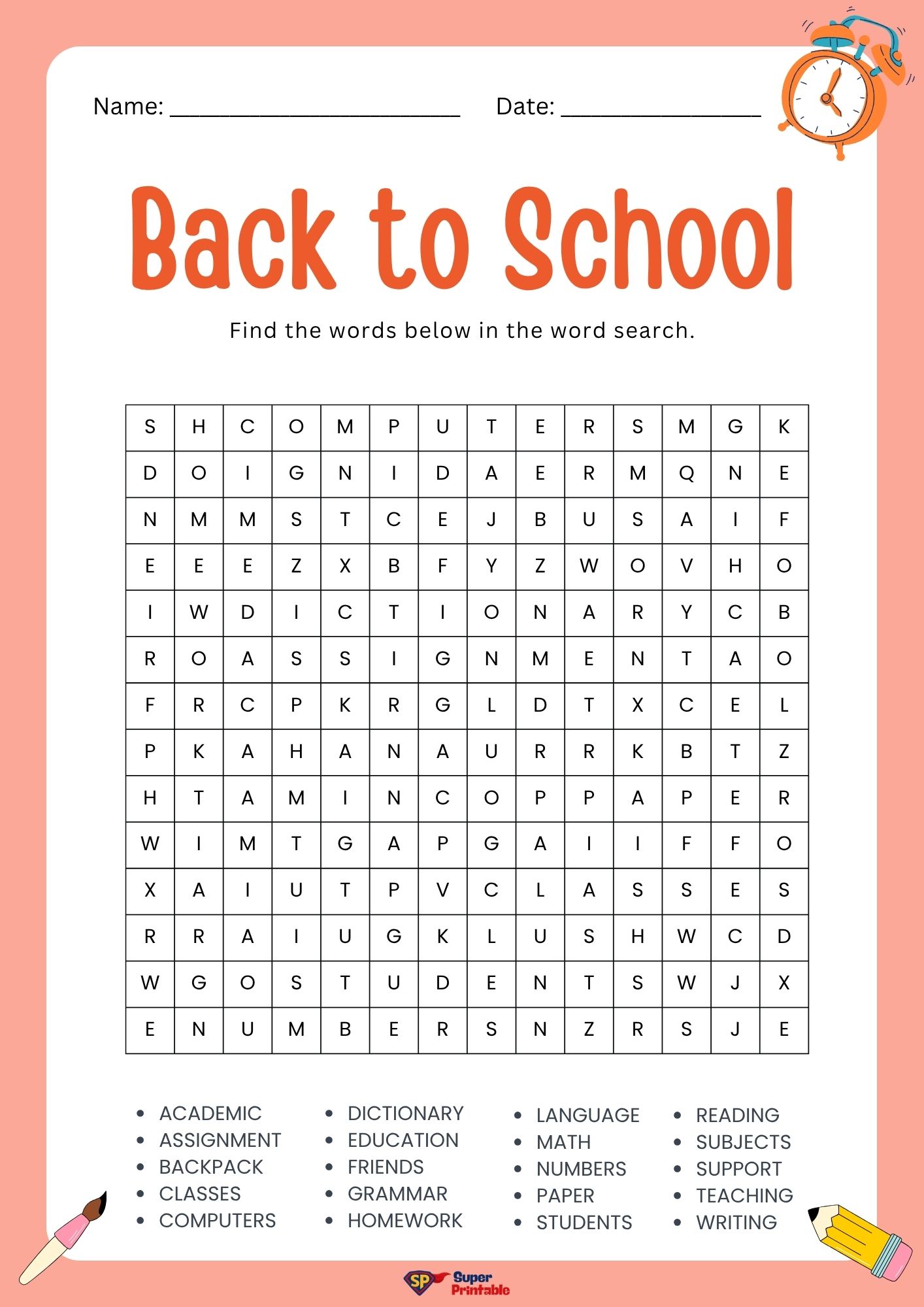 Back To School Word Search Printable for Kids