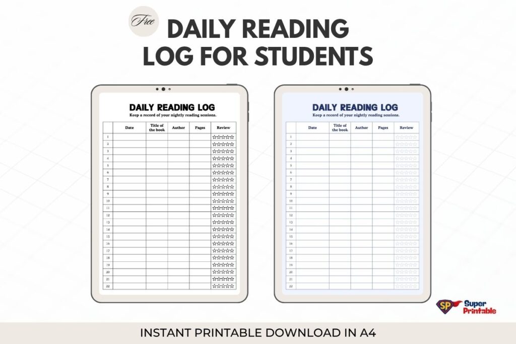 Daily Reading Log for Students in Simple Style | Instant Download