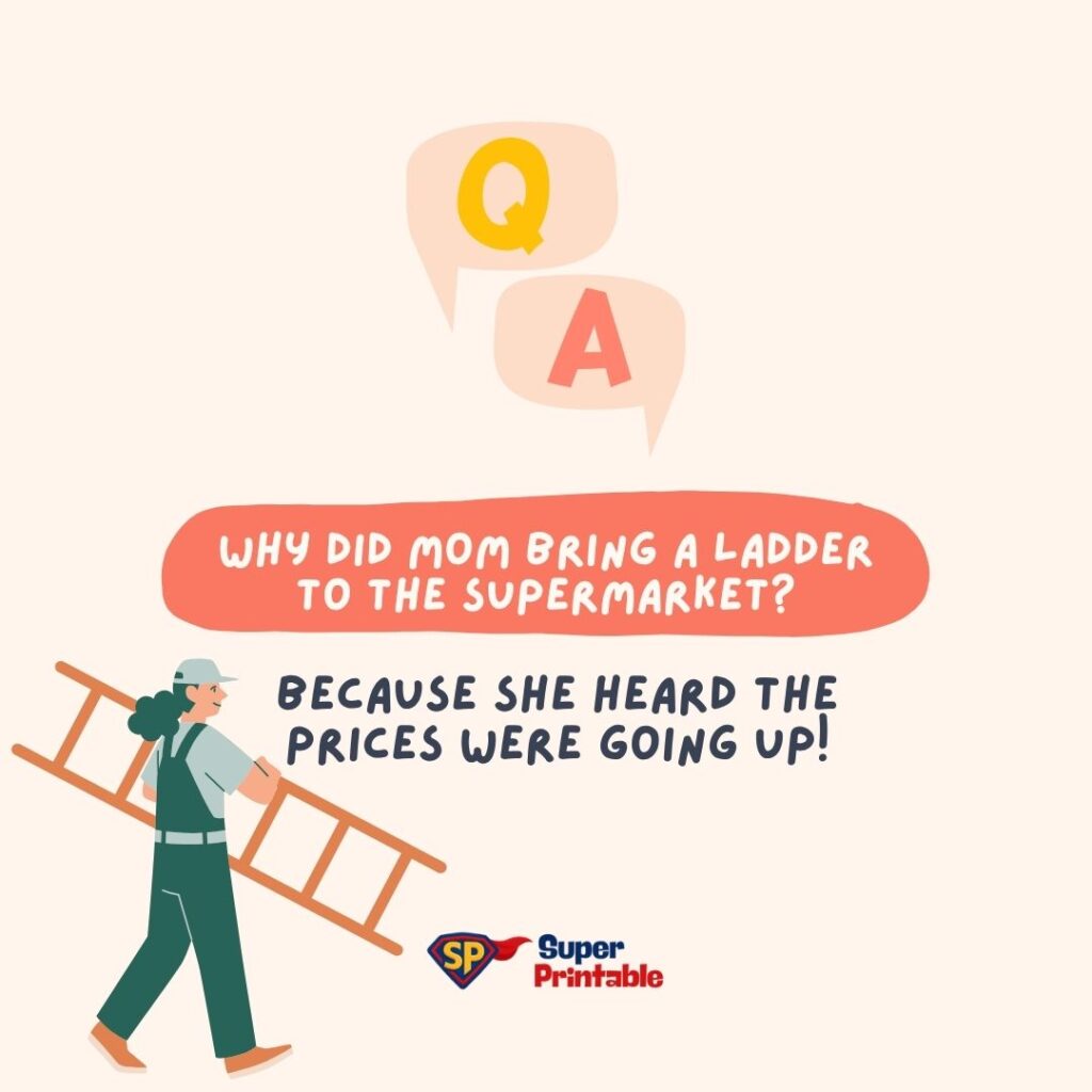 Cartoon of a woman carrying a ladder. Speech bubbles with "Q" and "A." Text: "Why did mom bring a ladder to the supermarket? Because she heard the prices were going up!" Lighthearted tone.