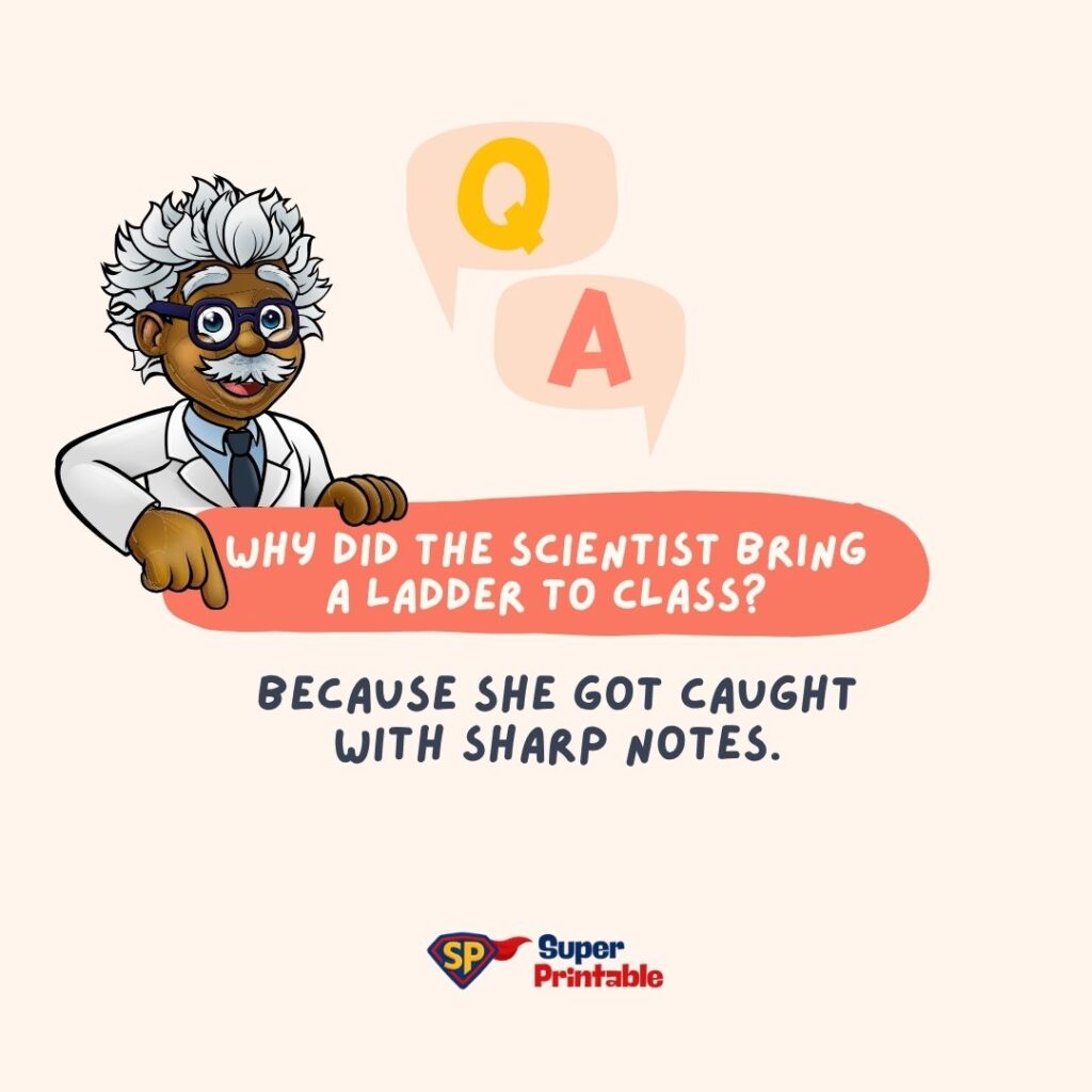 Cartoon scientist with wild hair and glasses poses beside a Q&A joke. Text reads: "Why did the scientist bring a ladder to class? Because she got caught with sharp notes." Playful tone.