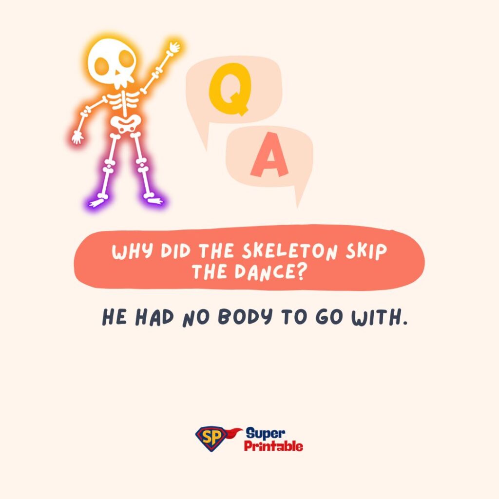 A cartoon skeleton with glowing colors waves beside speech bubbles with "Q" and "A". Text: "Why did the skeleton skip the dance? He had no body to go with." Playful tone.