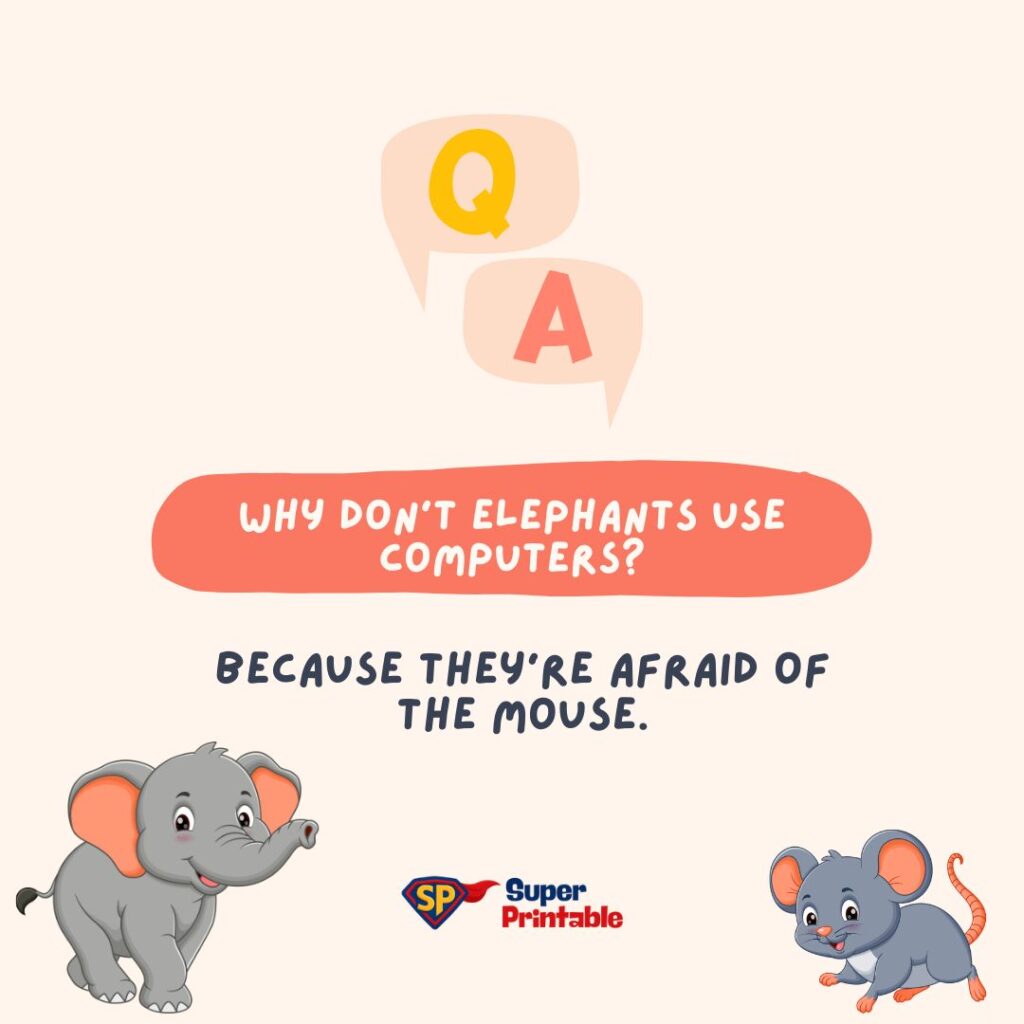 Cartoon of an elephant and mouse with a joke. Text: "Q: Why don’t elephants use computers? A: Because they’re afraid of the mouse." Playful tone.