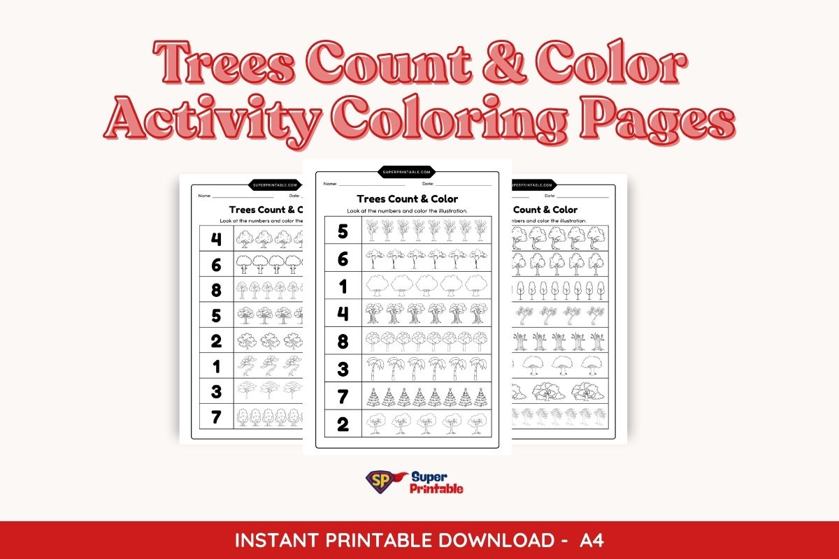 Trees Count & Color Activity Coloring Pages | Free PDF Printables