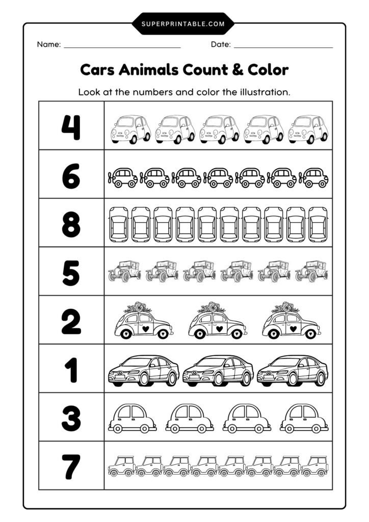 Cars Count & Color Activity Coloring Worksheet | Free PDF