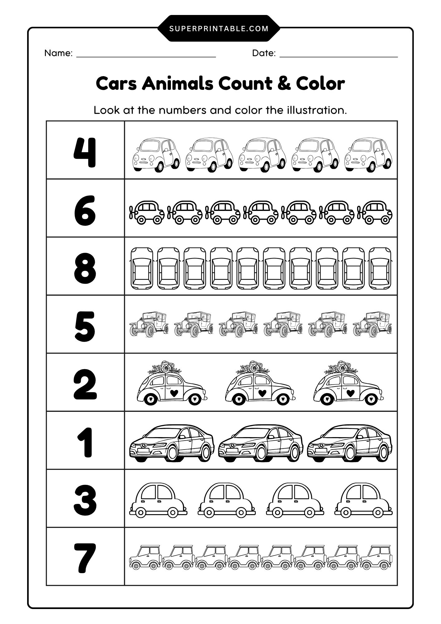Cars Count & Color Activity Coloring Worksheet | Free PDF