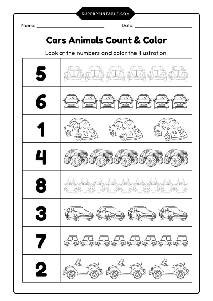 Cars Count & Color Activity Coloring Worksheet | Free PDF