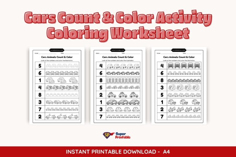 Cars Count & Color Activity Coloring Worksheet | Free PDF