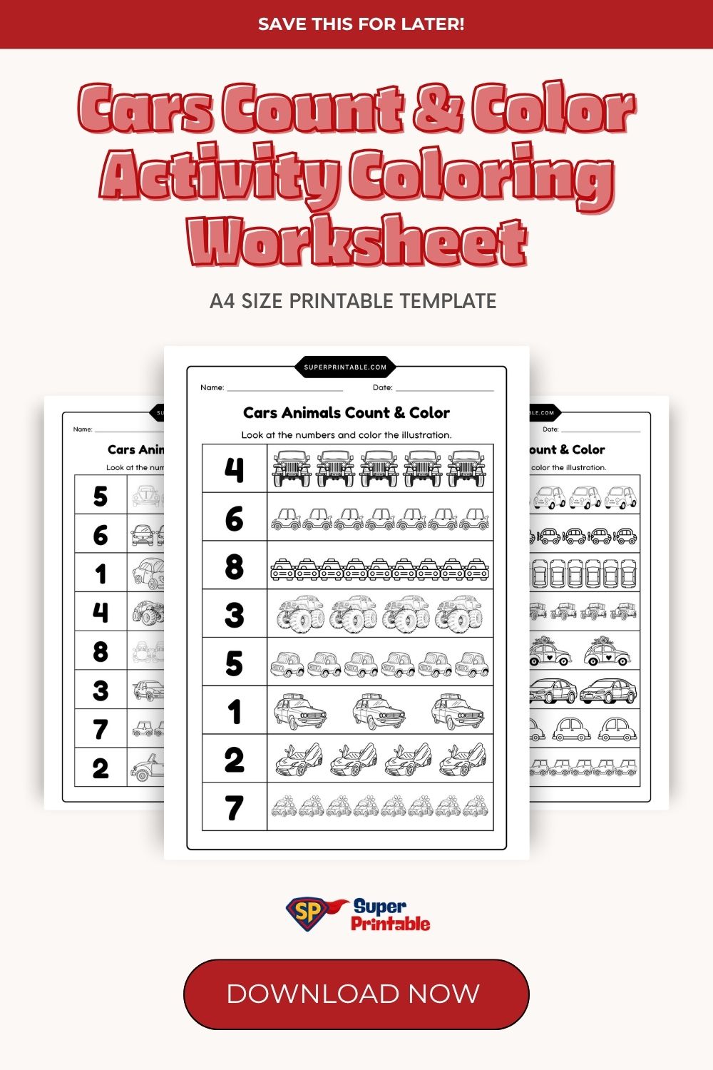 Cars Count & Color Activity Coloring Worksheet | Free PDF