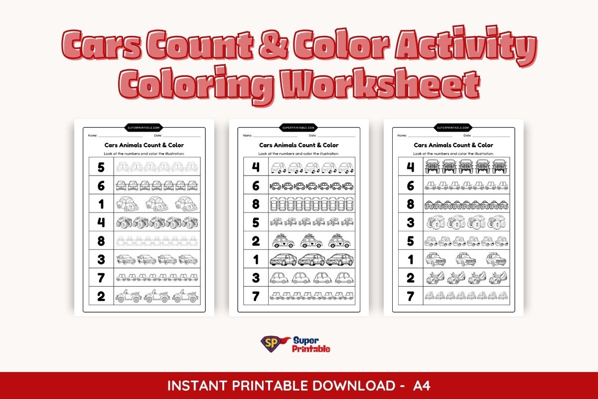 Cars Count & Color Activity Coloring Worksheet | Free PDF