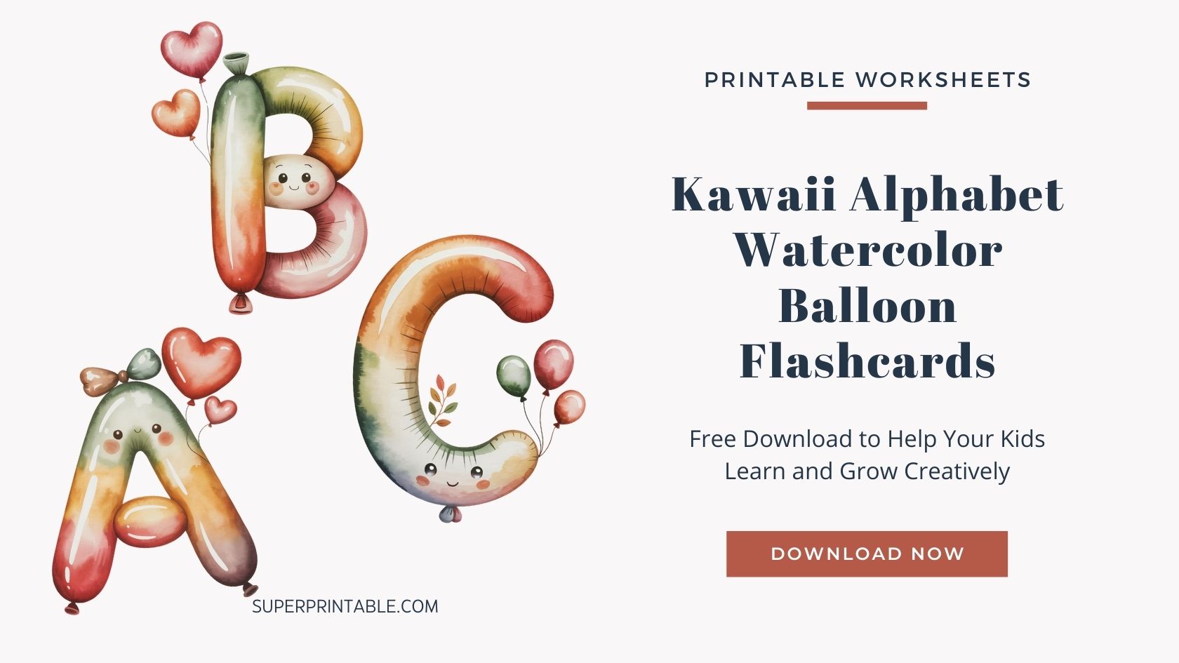 Kawaii Alphabet Watercolor Balloon Flashcards