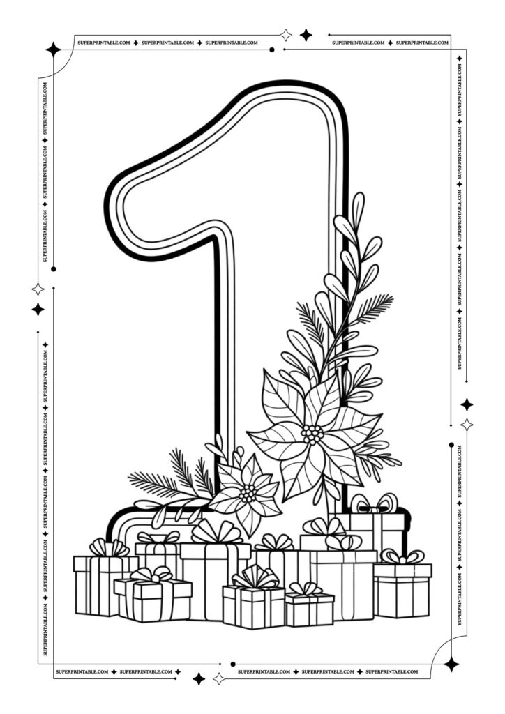 Poinsettia & Presents Christmas Numbers Coloring Pages 2