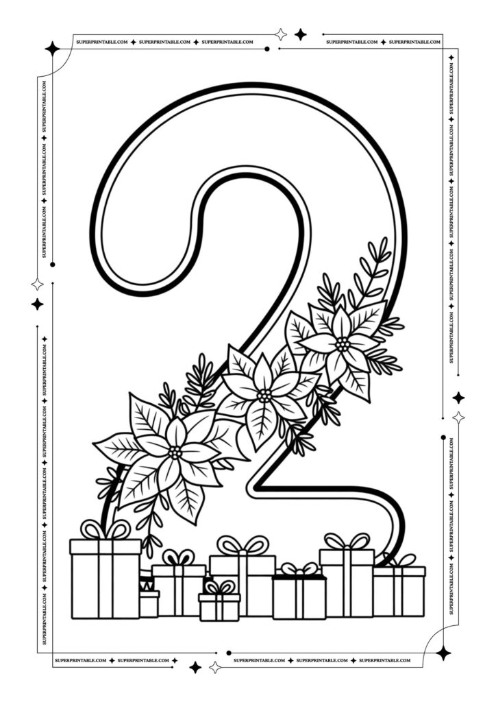 Poinsettia & Presents Christmas Numbers Coloring Pages 3