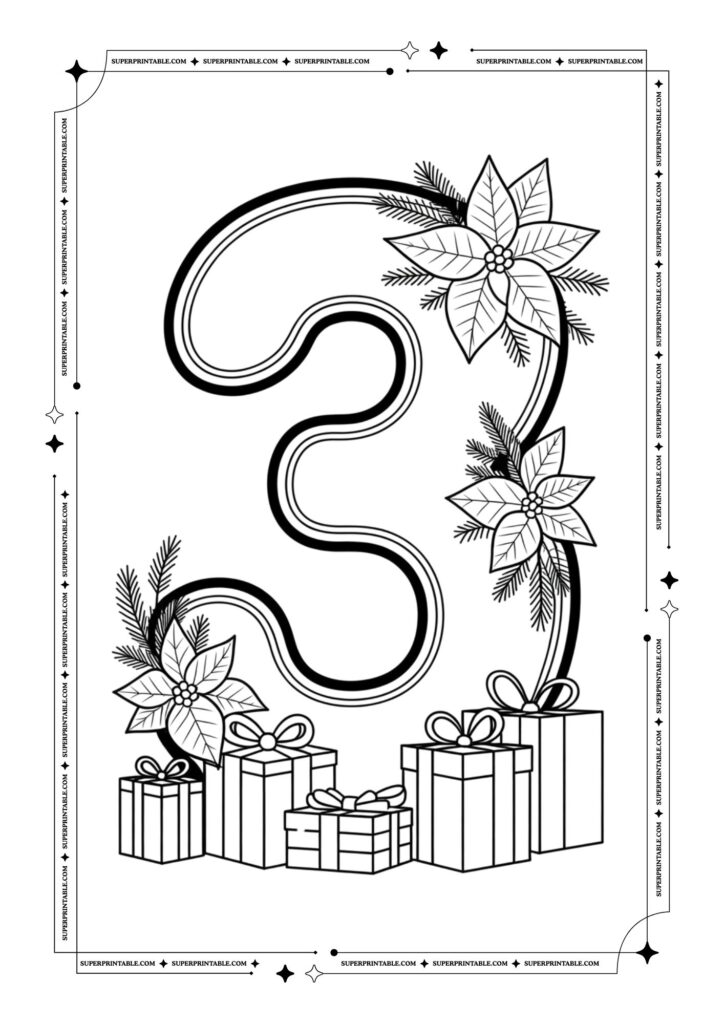 Poinsettia & Presents Christmas Numbers Coloring Pages 4