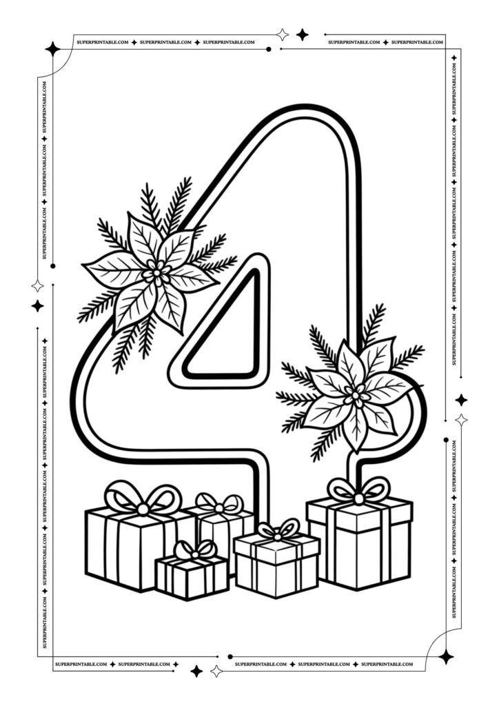 Poinsettia & Presents Christmas Numbers Coloring Pages 5
