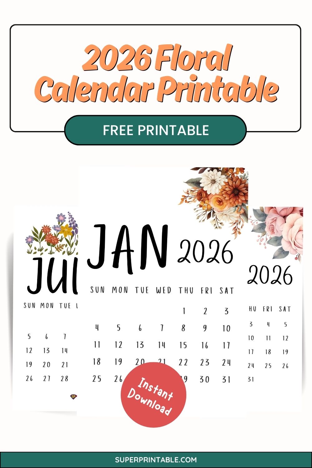 2026 Floral Calendar Printable (Free PDF Printables)