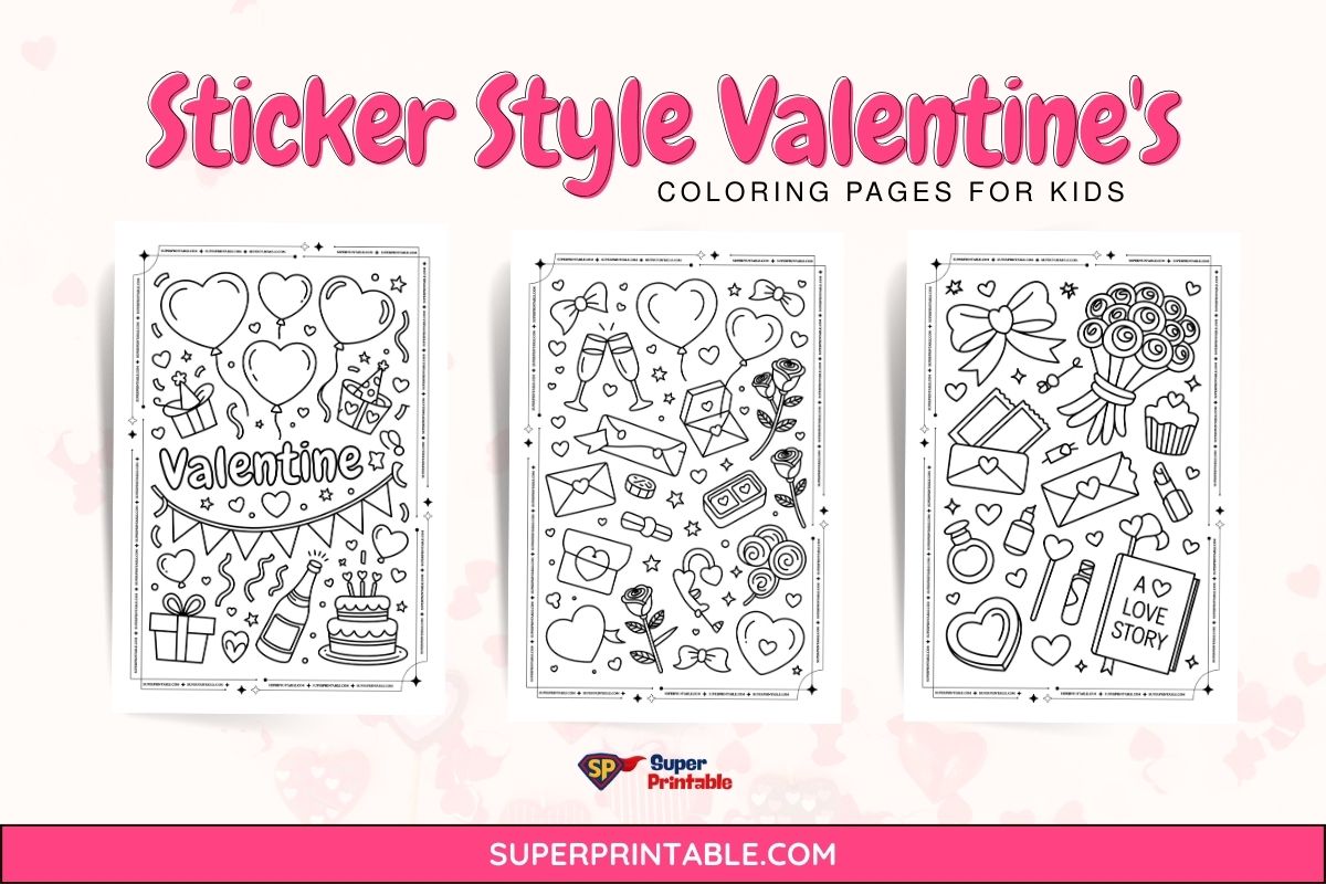 20 Sticker Style Valentine’s Coloring Pages