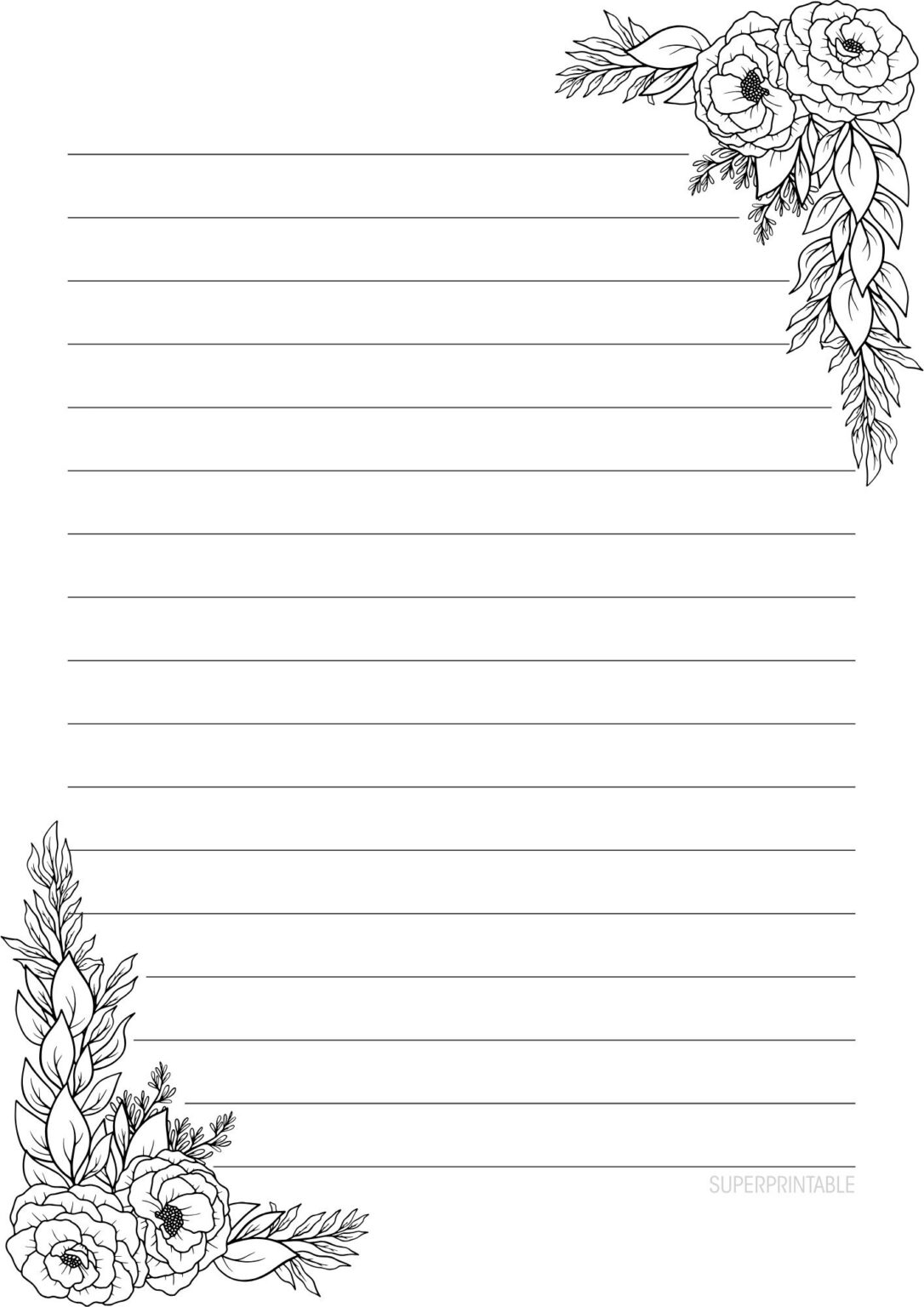 10+ Black and White Floral Corner Writing Paper Printable (Free)