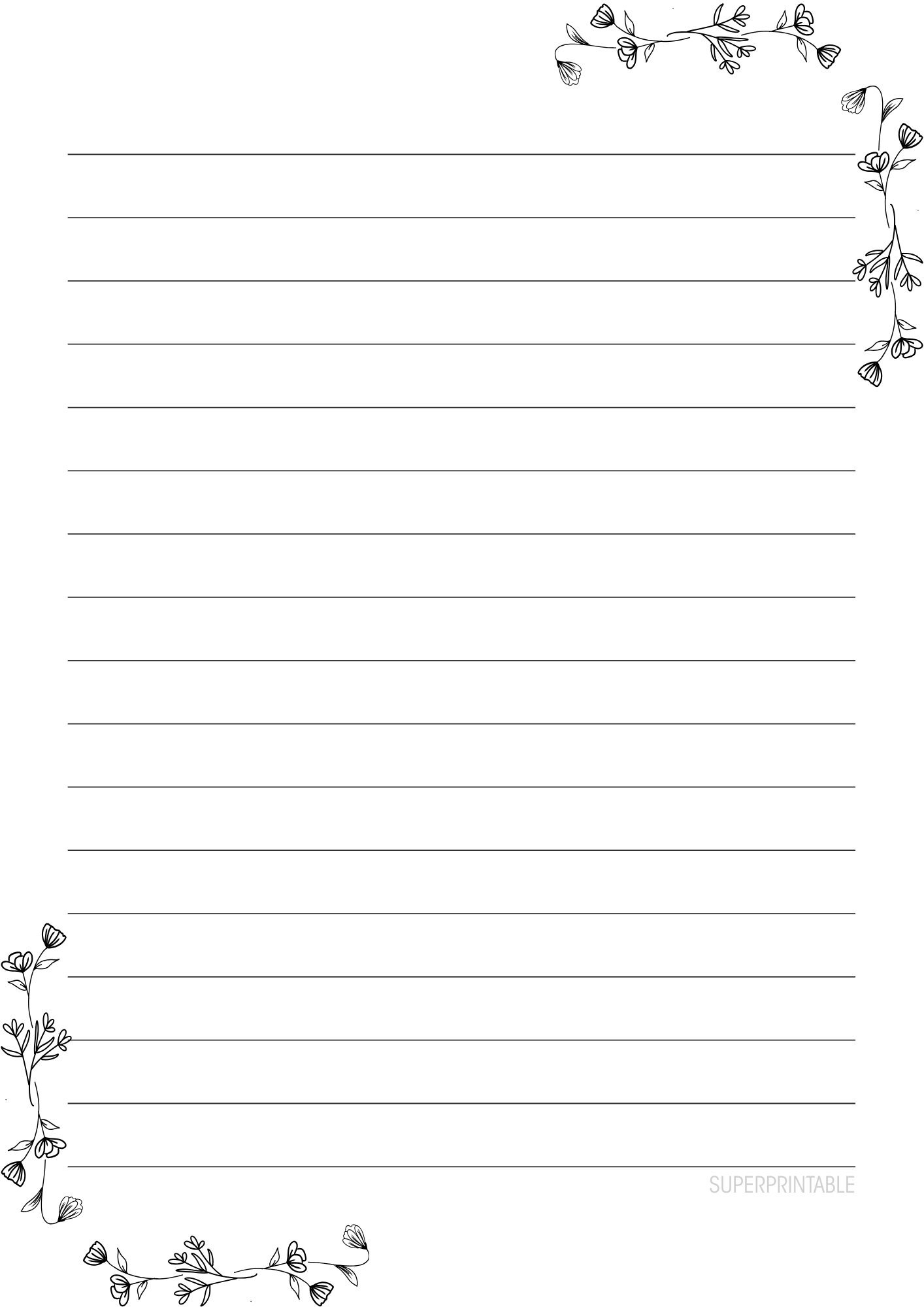 10+ Black and White Floral Corner Writing Paper Printable (Free)