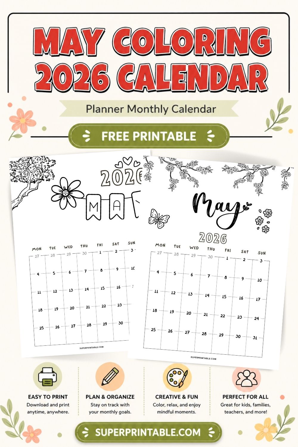 May Coloring 2026 Planner Monthly Calendar Pinterest Image