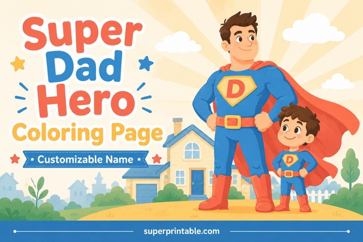 Super Dad Hero Coloring Page with Customizable Name