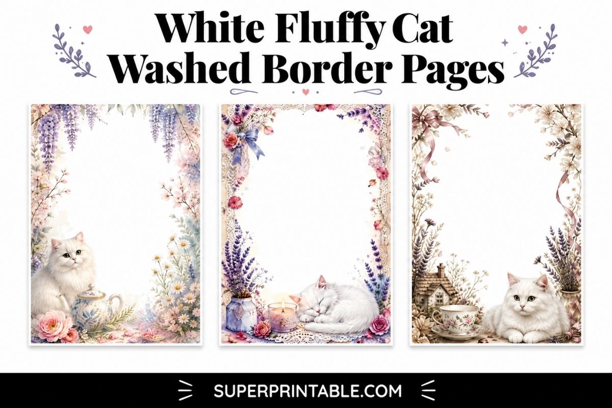 12 White Fluffy Cat Washed Border Pages Free PDF Printable 12-white-fluffy-cat-washed-border-pages-free-pdf-printable