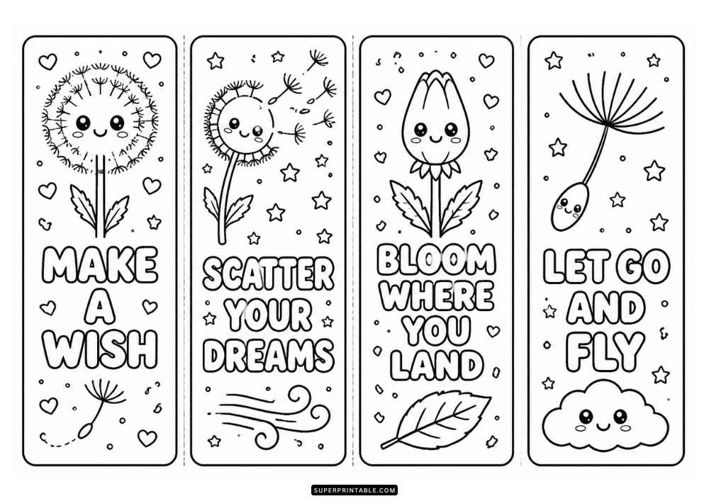 Four bookmark coloring pages with dandelions, clouds, flowers, stars, and inspiring quotes.