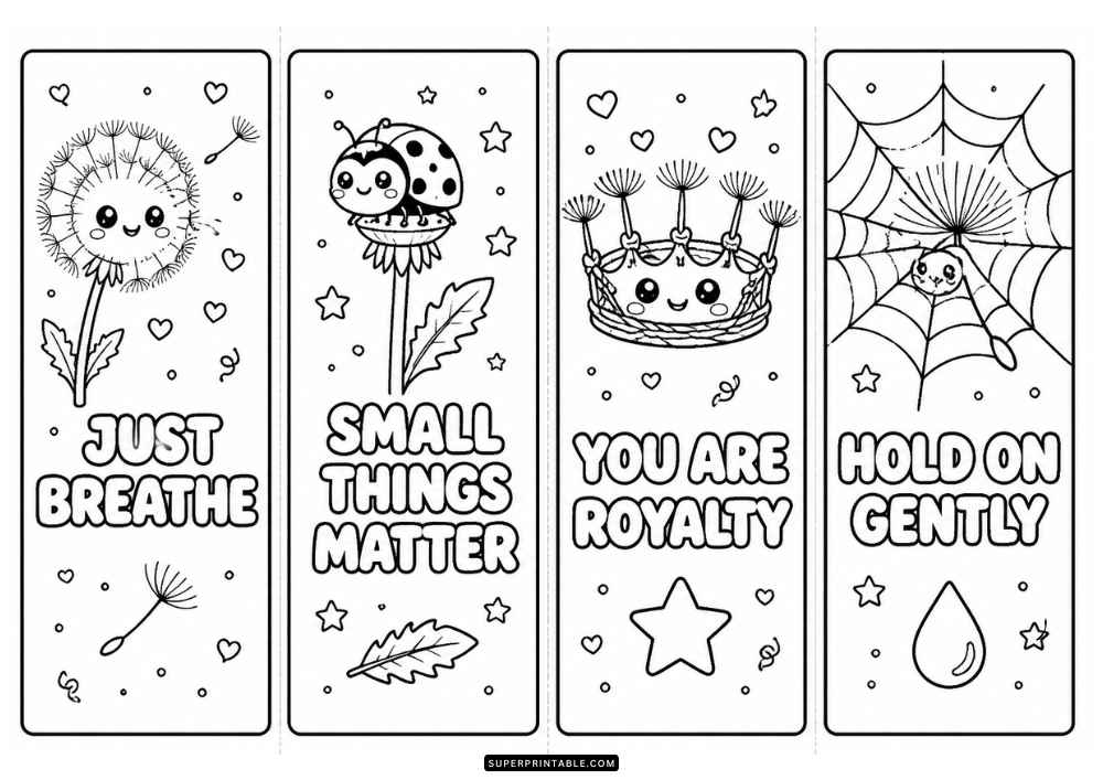 Four bookmark coloring pages with dandelions, ladybug, spider web, hearts, and motivational quotes.