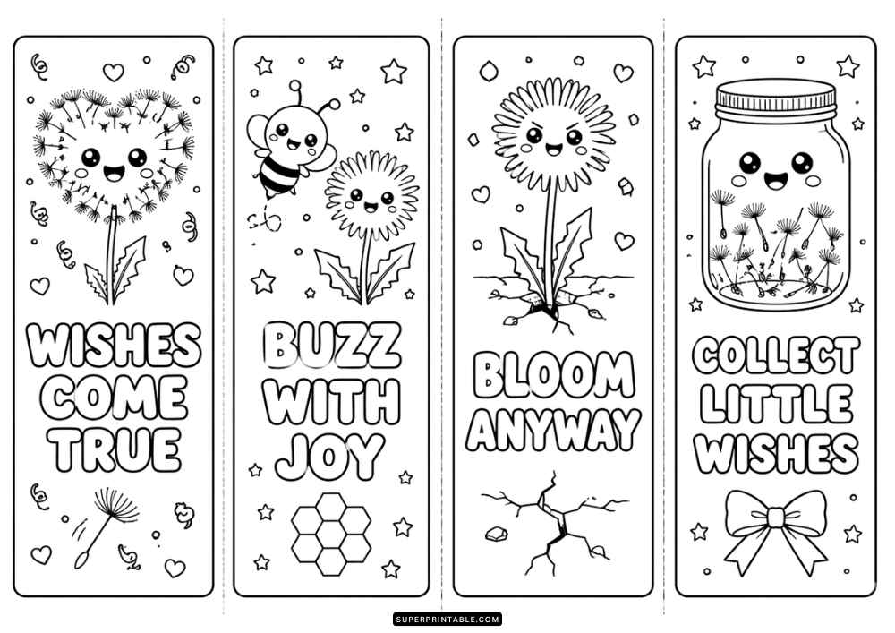 Four bookmark coloring pages with dandelions, bee, wish jar, flowers, and positive quotes.