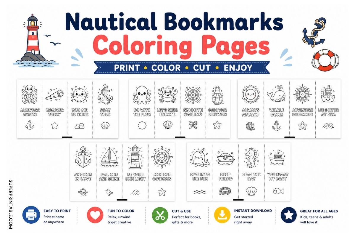 20 Nautical Bookmarks Coloring Pages