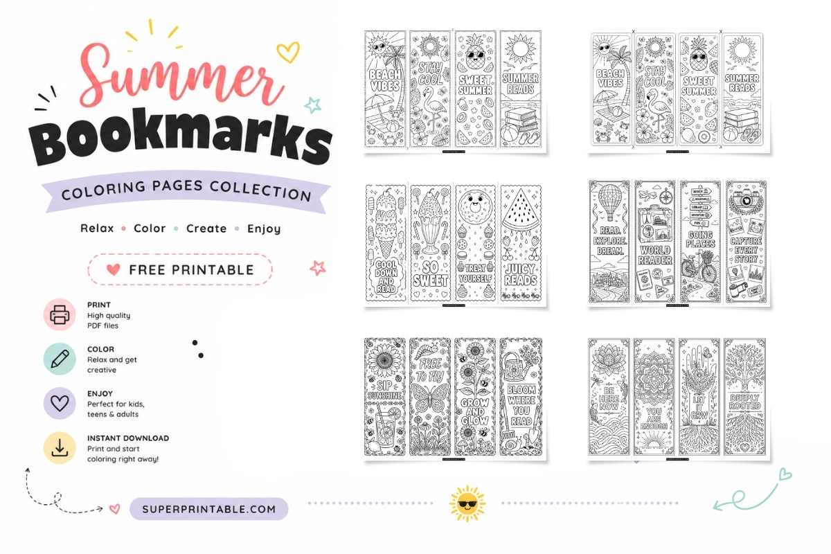 50+ Summer Bookmarks Coloring Pages