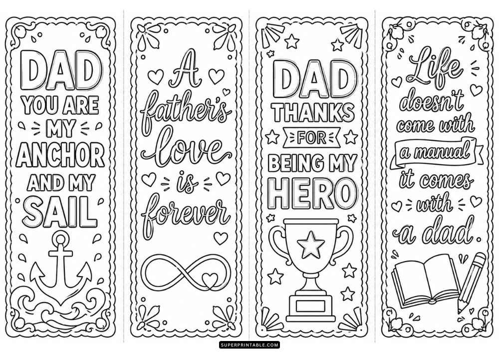 A black and white page with four bookmarks showing dad quotes, an anchor, infinity symbol, trophy cup, open book, hearts, and decorative frames.