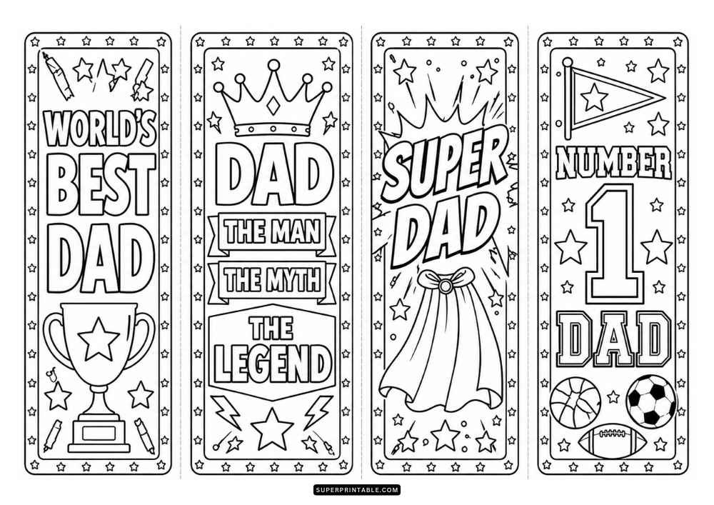 A black and white page with four bookmarks featuring quotes such as Super Dad and Number 1 Dad, along with a cape, trophy, crown, stars, and sports balls.