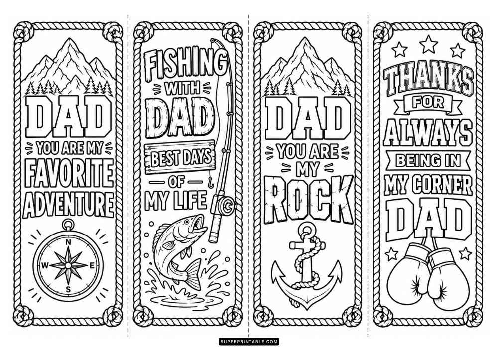 A black and white page with four bookmarks featuring dad quotes, mountains, a compass, fishing rod, fish, anchor, boxing gloves, stars, and rope borders.