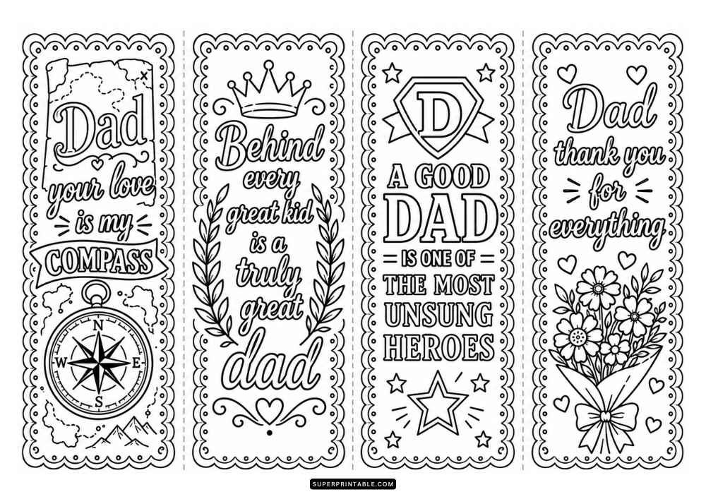 A black and white page with four bookmarks featuring dad quotes, a compass, crown, bouquet of flowers, stars, hearts, and decorative borders.