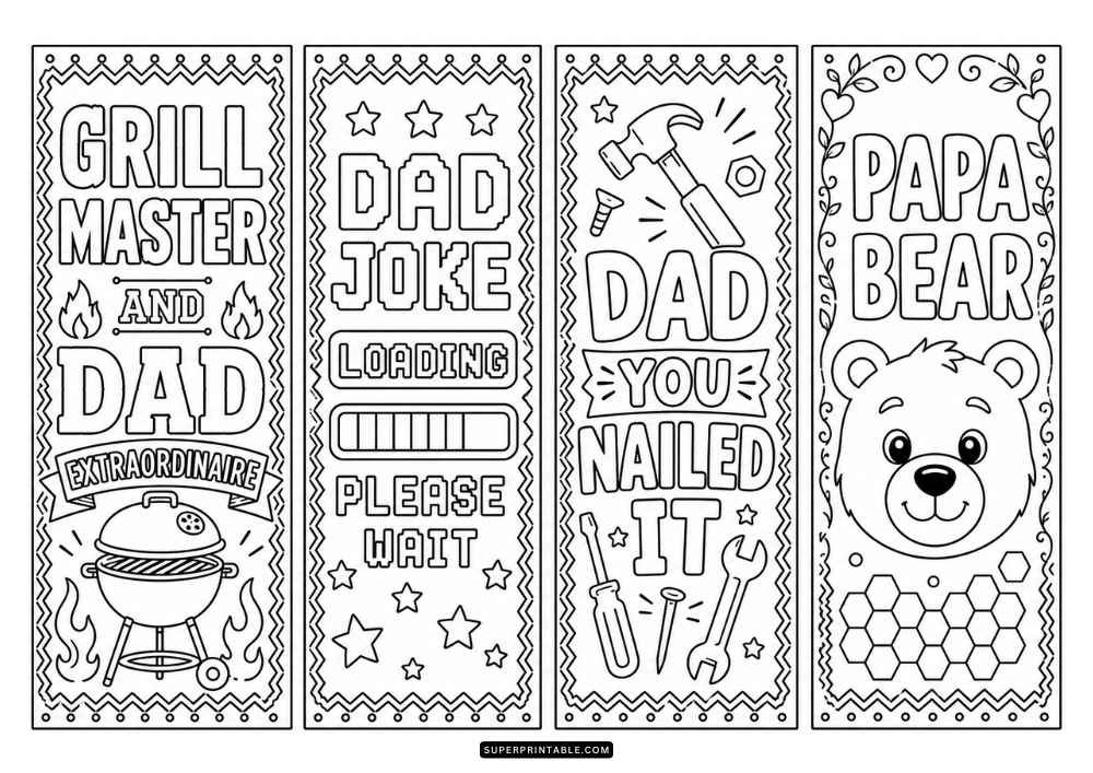 A black and white page with four bookmarks featuring grilling equipment, tools, a loading bar, a bear face, stars, hearts, honeycomb shapes, and dad-themed quotes.
