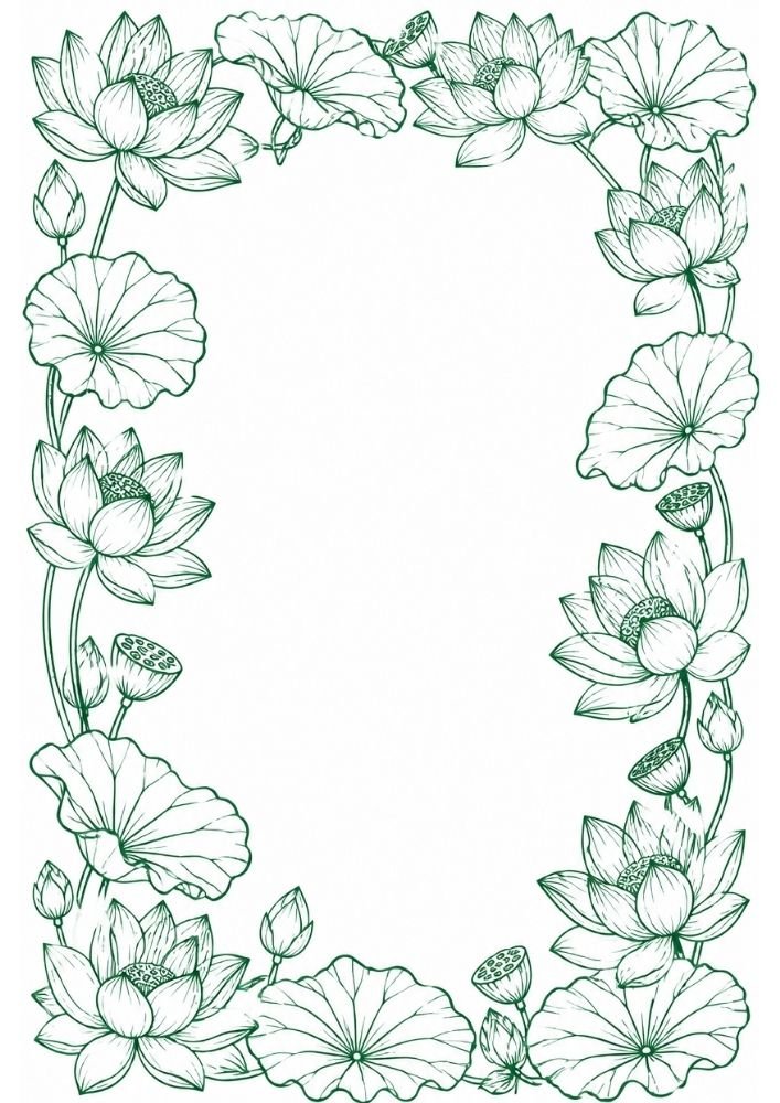 Lotus flower border with blooms, leaves, and seed pod details.