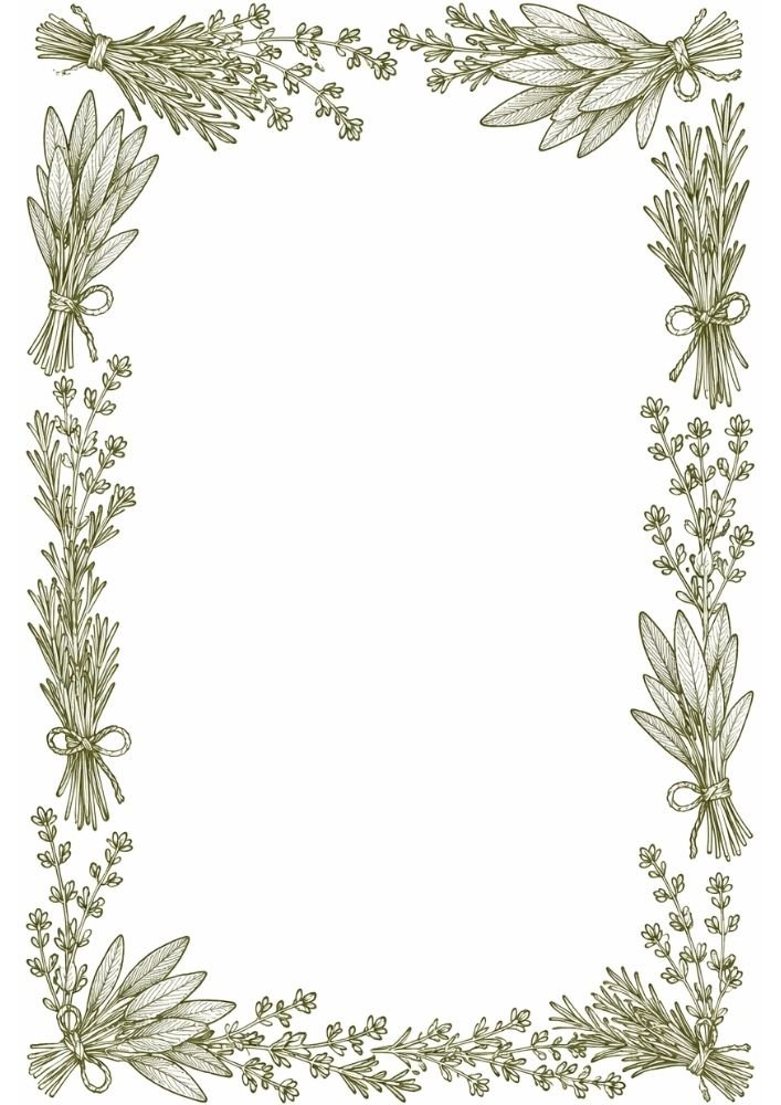 Herbal border featuring tied botanical bundles and delicate foliage.