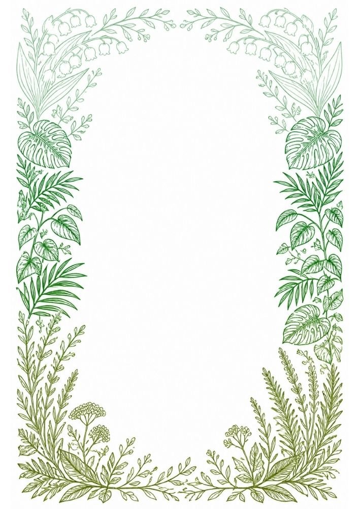 Mixed botanical border featuring tropical leaves, herbs, and floral details.