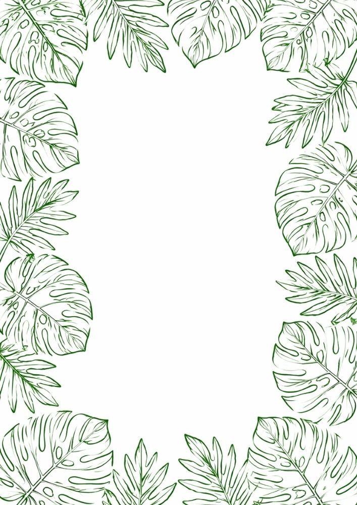 Tropical border with monstera leaves and exotic foliage details.