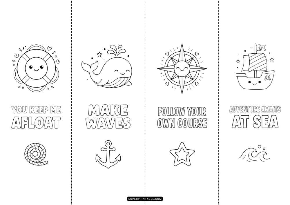 Four coloring bookmarks with a lifebuoy, whale, compass, pirate ship, sea quotes, and small ocean icons.