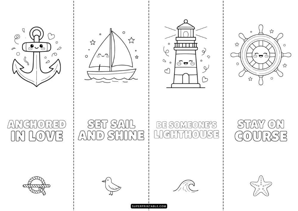 Four bookmarks with an anchor, sailboat, lighthouse, ship wheel, sea quotes, and small ocean icons.