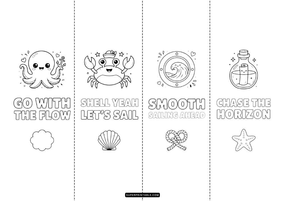 Four bookmarks with an octopus, crab, wave, bottle, sea quotes, and small shell and rope icons.