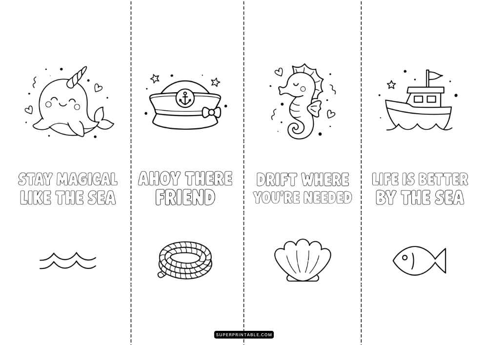 Four bookmarks with a narwhal, sailor hat, seahorse, boat, sea quotes, and simple ocean icons.
