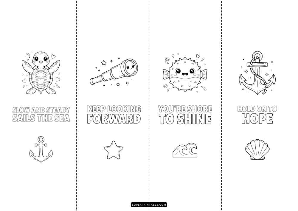 Four bookmarks with a sea turtle, telescope, pufferfish, anchor, sea quotes, and small ocean icons.