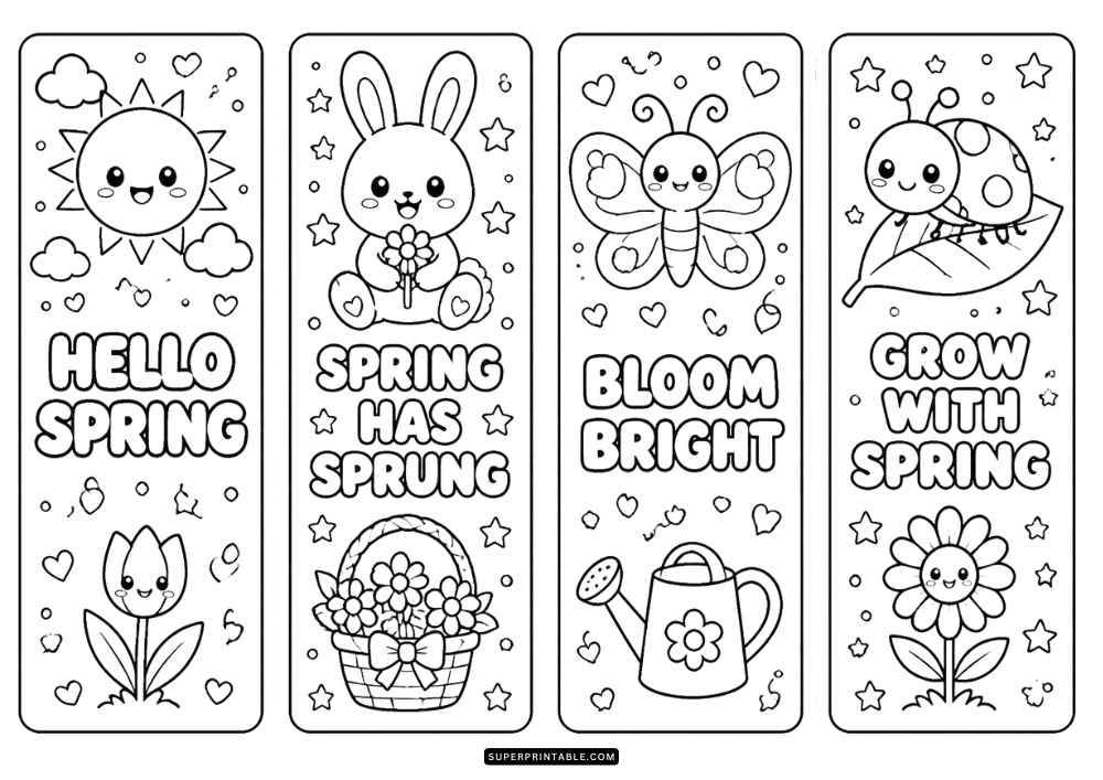 Four spring bookmarks with flowers, butterflies, rainbow, bees, and seasonal quotes.