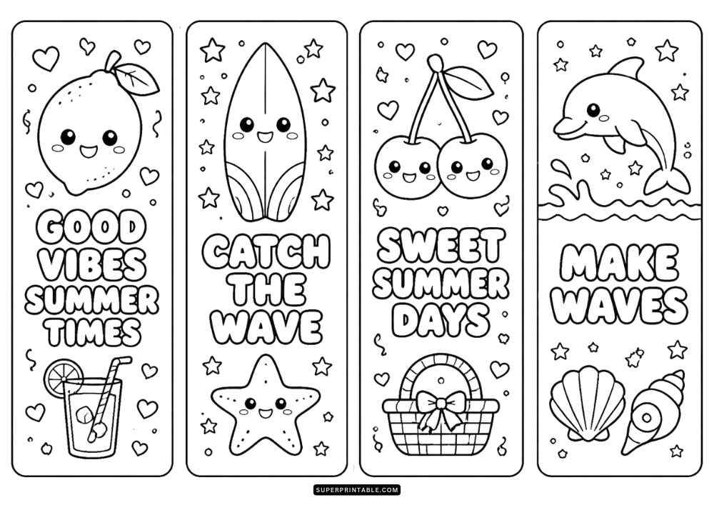 Four summer bookmarks with watermelon, lemonade, sunglasses, and beach items.