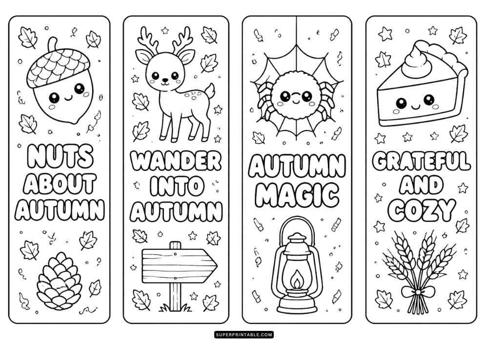 Four autumn bookmarks with apples, pumpkins, trees, woodland animals, and fall sayings.