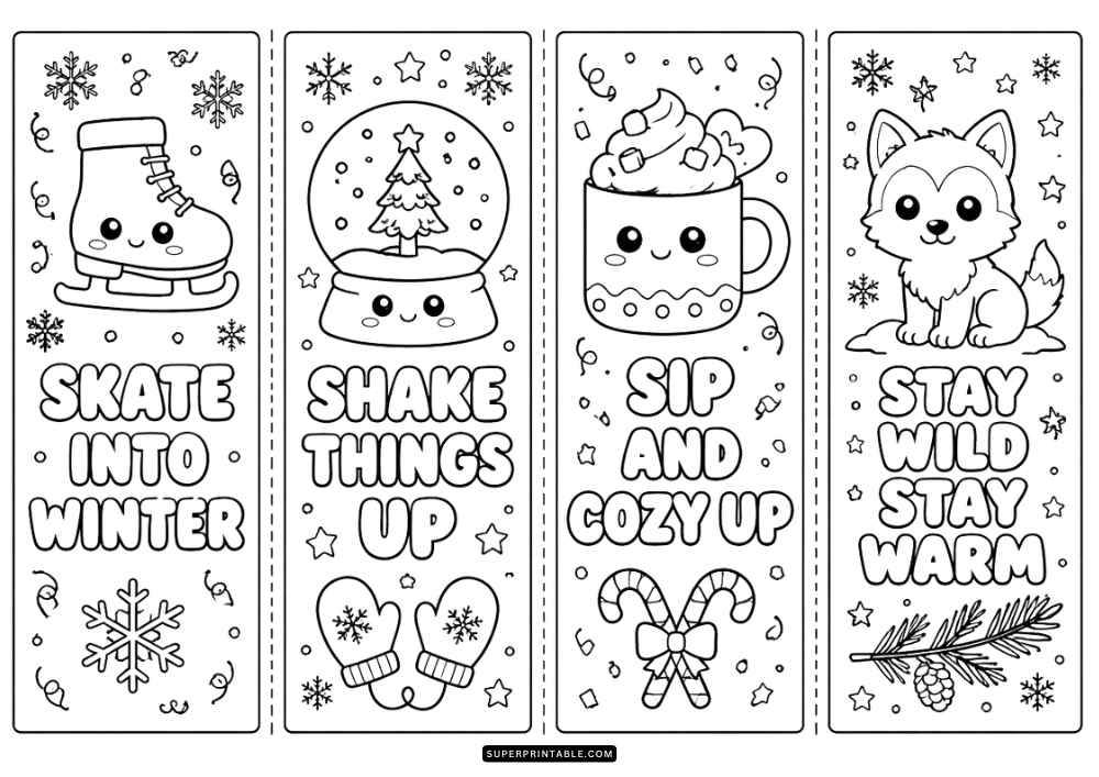 Four winter bookmarks with candles, cocoa, mittens, snowflakes, and winter quotes.