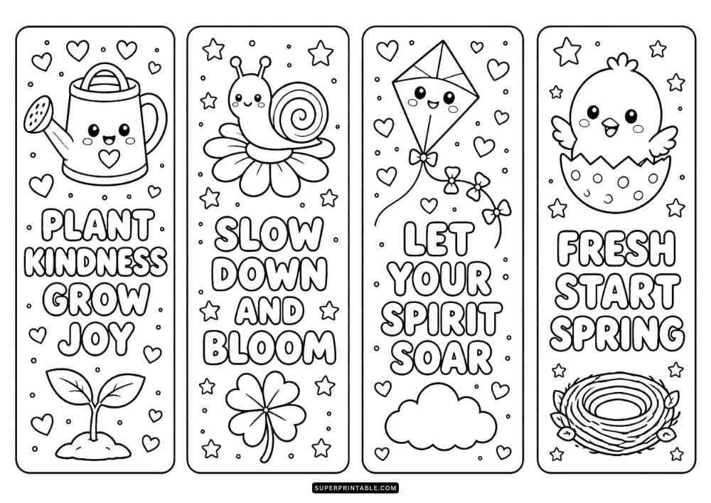 Four spring bookmarks with smiling sun, bees, flowers, and spring quotes.