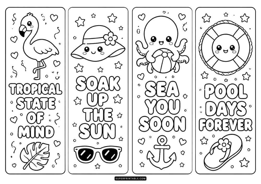 Four tropical bookmarks with pineapple, palm tree, flamingo, and summer quotes.